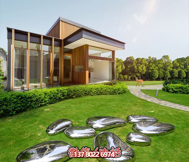 高端室內草坪裝飾，不銹鋼雕塑鏡面石頭安放