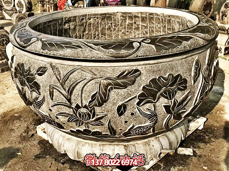 精美大理石浮雕蓮花缸，現(xiàn)代庭院裝飾雕塑
