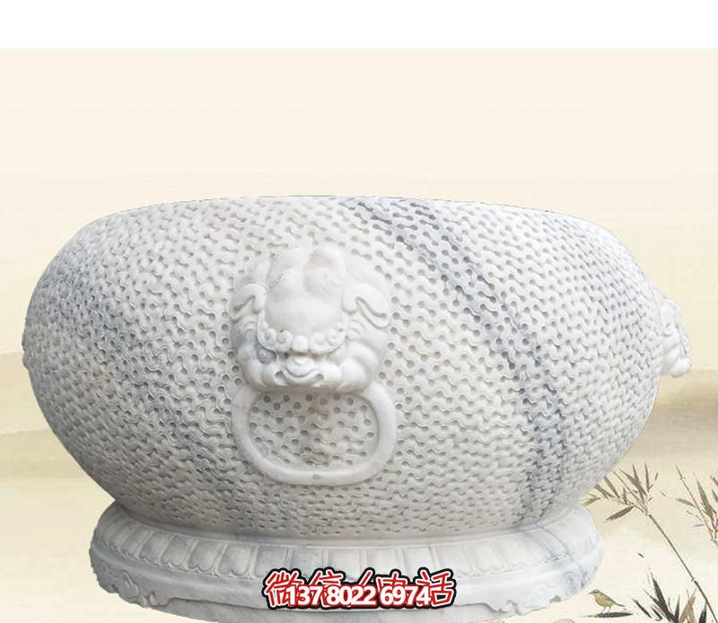 精美狴犴圓形雕塑，點綴庭院水缸浮雕