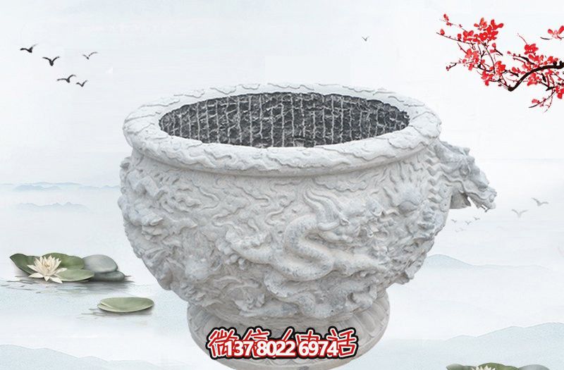 漢白玉石雕龍浮雕水缸雕塑，為庭院增添優(yōu)雅氣息