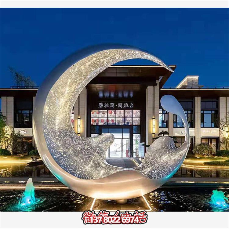 不銹鋼月亮水滴雕塑，透光水景裝飾雕塑